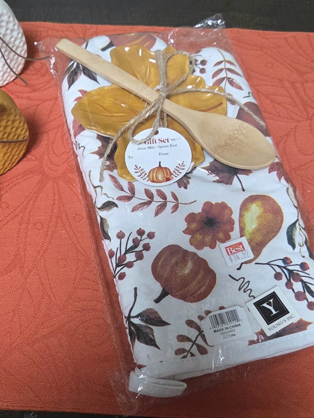 Fall Harvest Oven Mitt and Spoon Set - Orange Floral